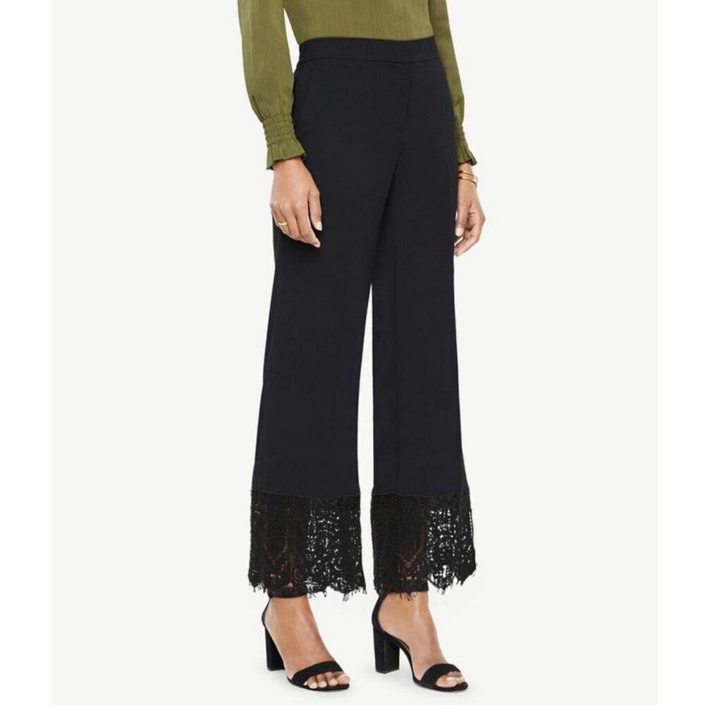 ANN TAYLOR | Elastic Waist Ankle Pants Trousers Black Lace Hem | Medium Petite